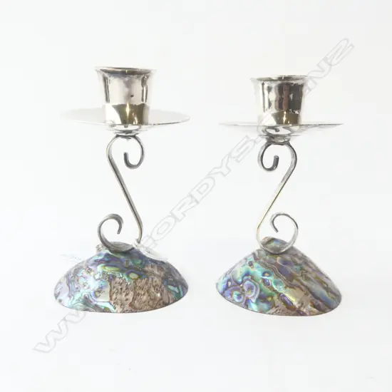 PAIR VINTAGE ‘ATAAHUA’ NZ PAUA & SILVER PLATE CANDLE HOLDERS W. LABEL, H.115MM