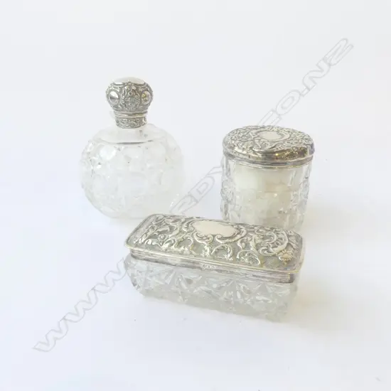 2 S/SILVER TOPPED DRESSINGTABLE JARS  & BOTTLE SIL WIEGHT65GMS