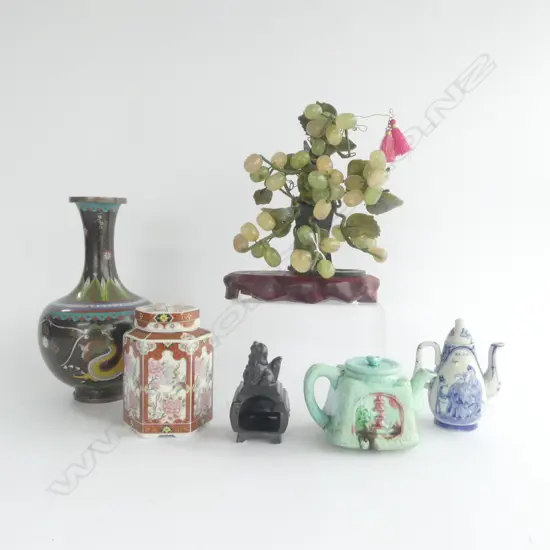 CLOISONNE DRAGON VASE (FAULTS), JADE BONSAI TREE - BASE WITH FAULTS + 4 OTHERS