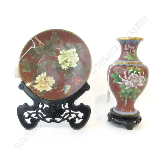 CHINESE CLOISONE VASE ON STAND H240MM & DISH ON STAND DIA200MM