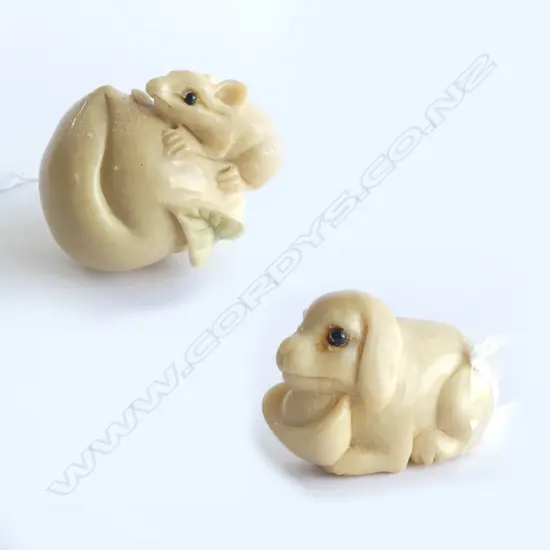 2 TAGUA NUT NETSUKES; RAT on PEACH & DOG w BOWL, both w inlaid eyes