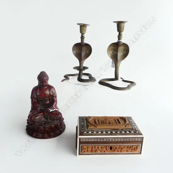 INDIAN SANDALWOOD & MOSAIC BOX, PR BRASS COBRA CANDLESTICKS & BUDDAH STATUETTE