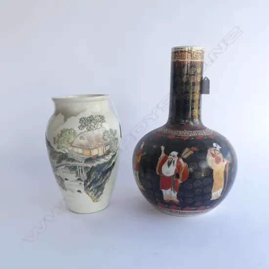 CHINESE PORCELAIN VASE DECORATED w IMMORTALS, H.330mm (sml loses) & JAPANESE SATSUMA VASE w RAISED RELIEF, H.250mm