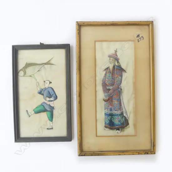 2 FRAMED CHINESE PITH W/C; CHILD w. KITE + PORTRAIT OF OLD MAN 220x90mm