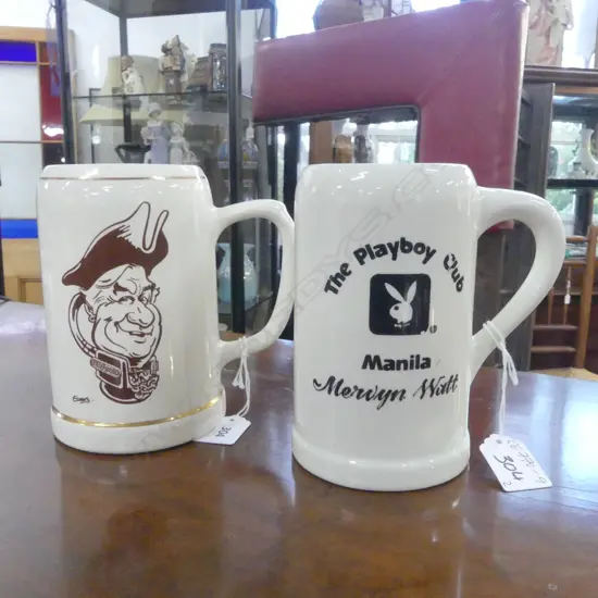 TWO CROWN LYNN BEER MUGS; ONE 'THE PLAYBOY CLUB - MANILA' (JOINT VENTURE BETWEEN CROWN LYNN & MAYON CERAMICS - THE PHILL