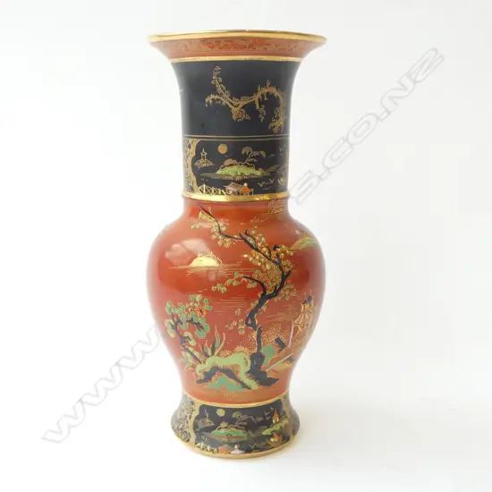 EARLY CARLTON WARE WITSHIRE AND ROBINSON PERIOD BALUSTER VASE , TERRACOTTA & BLACK COLOURWAY, CHINOISERIE PATTERN,H. 220