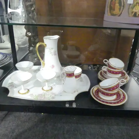 FRENCH CHINA TRAY  L450MM JUG & 3 COCKTAIL CUPS  WITH 4 R/WORCESTER CSPS CREAM & SUGAR