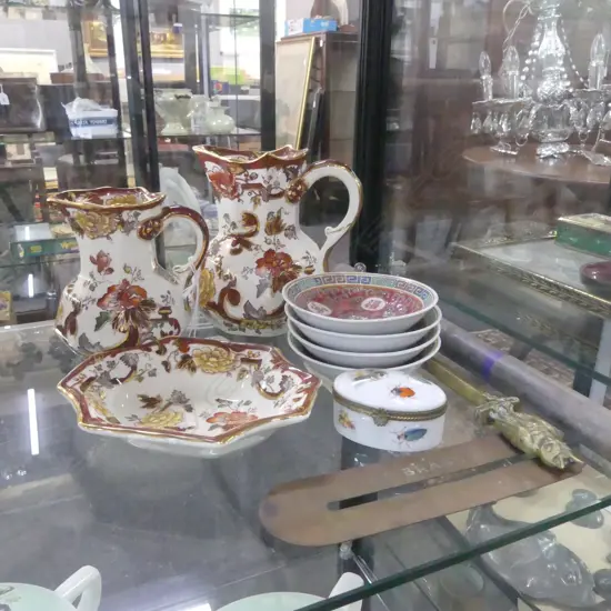 3 PCS MASON'S 'BROWN VELVET' IRONSTONE WARE, VINTAGE TEMP GAUGE, BRASS OWL LETTER OPENER ETC