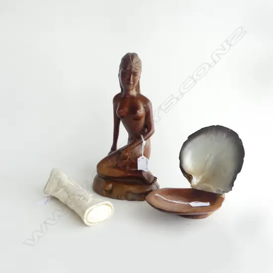 VINTAGE CARVED HARDWOOD STATUE (310mm) MOP/WOOD DISH & CARVED BONE TURTLE PC