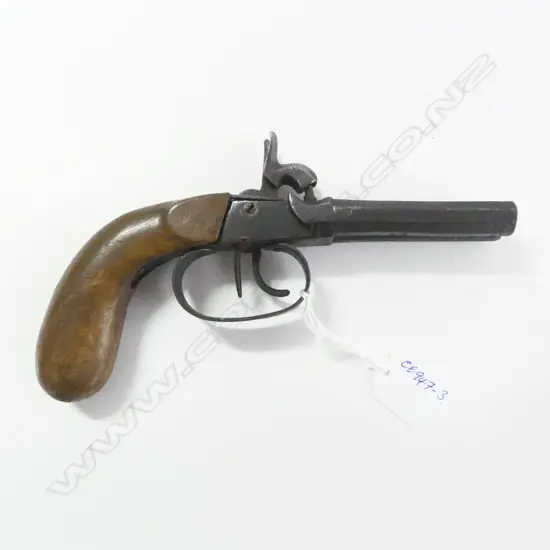 19thC DOUBLE BARREL PERCUSSION PISTOL WALNUT BUTT L.205mm. Octagonal barrels. No firearms license required