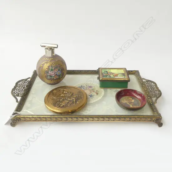 FANCY DRESSING TABLE TRAY, PERFUME BOTTLE, LARGE COMPACT, ENAMEL BOX & DISH, L.365MM