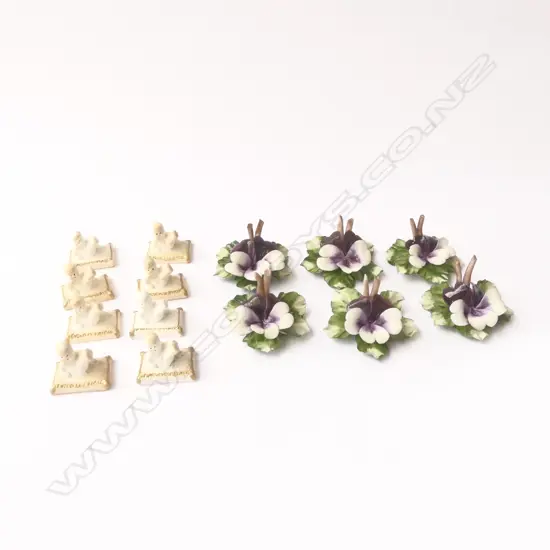SET 6 CAPODIMONTE VIOLETS NAME PLACE HOLDERS & 8 VINTAGE BABY CAKE DECORATIONS, L.55MM L.35MM