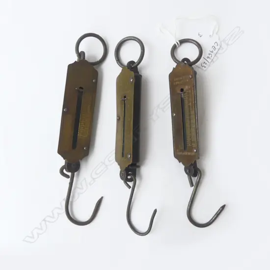 3 ANTIQUE BRASS POCKET BALANCE SCALES HUGHES ENGLAND, & GERMANY, L.180MM