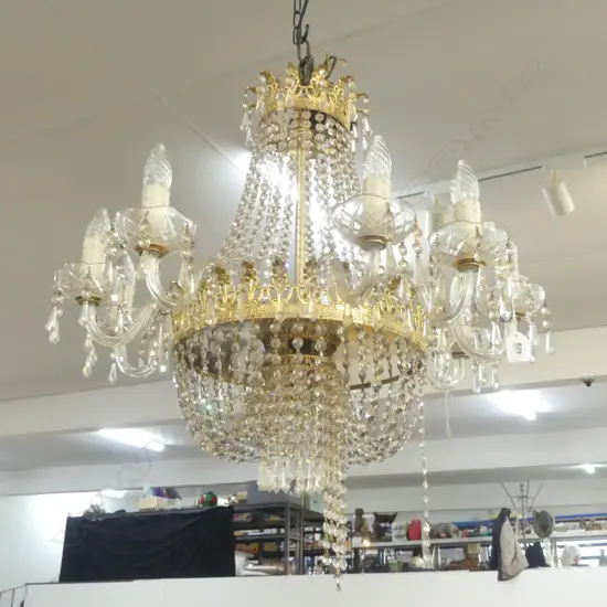 CRYSTAL & GILT METAL 9 SCROLLING BRANCH CHANDELIER multiple swags of drops Dia.700mm