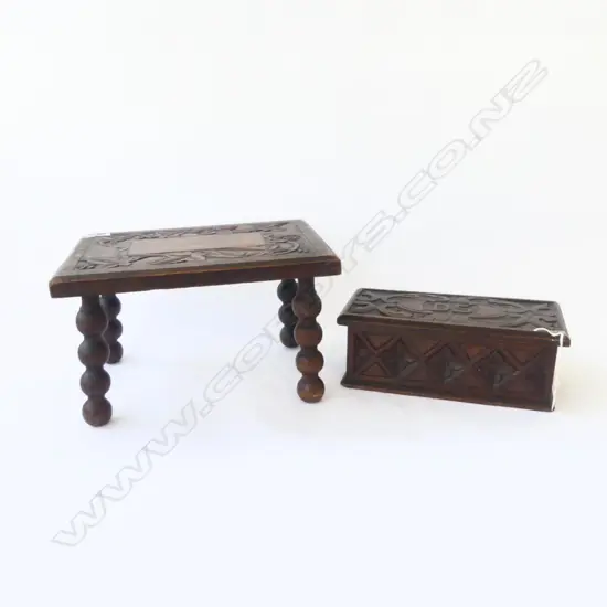 CARVED ANTIQUE WOOD DEED BOX & STOOL