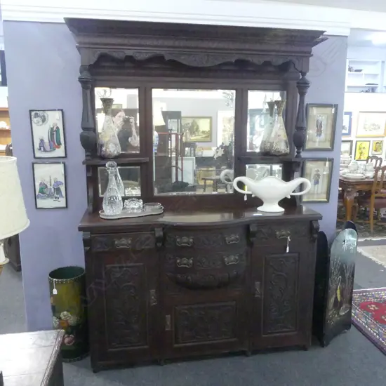 POT BELLIED MIRRORBACK SIDEBOARD (SIDE OF PEDIMENT NEEDS REPAIR) 1550x500x2200mm