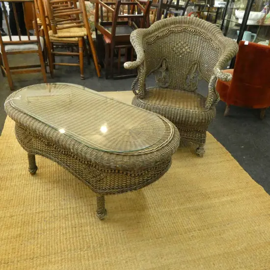 CANE CHAIR + GLASS TOP COFFEE TABLE APPROX.1080mm