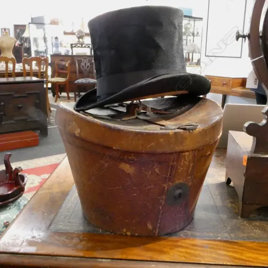 ANTIQUE TOP HAT (WORN) IN LEATHER HAT BOX; hat inscribed 'Jos P. Wright 23/4/03'