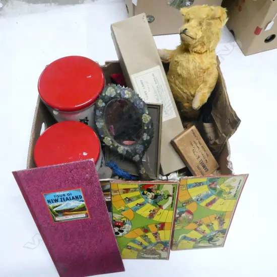 BOX LOT VINTAGE TEDDY BEAR SEWING ITEMS TINS ETC