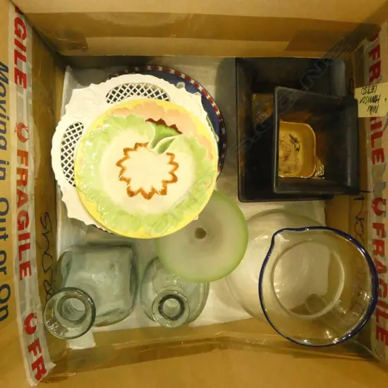 BOX LOT JUG PLATES BOTTLES ETC