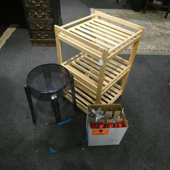 WOODEN LINEN TROLLY PLASTIC STOOL & DECORATIONS