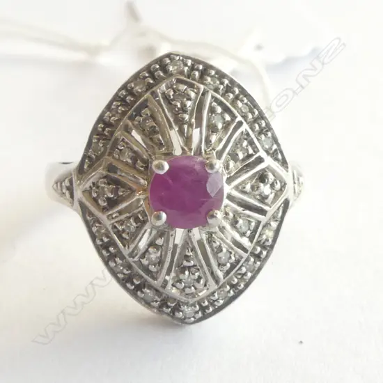 STG SILVER  RED RUBY AND SMALL DIAMOND DRESS RING SIZE P1/2