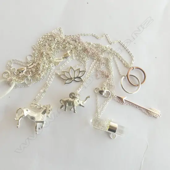 6 SILVER CHAINS w PENDANTS, new