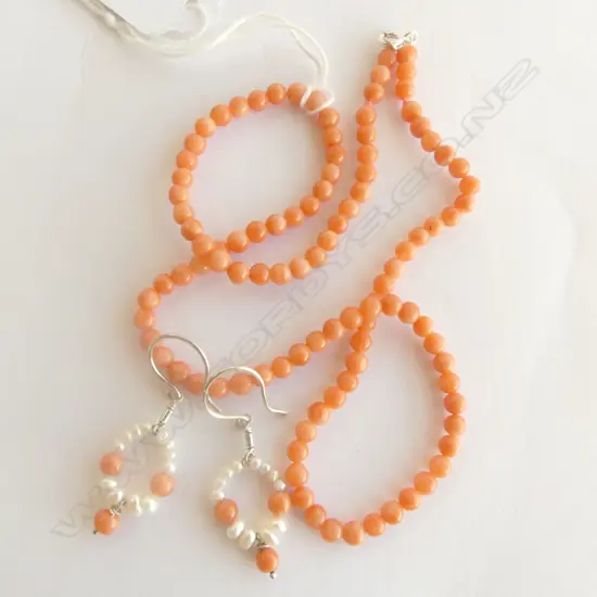 CORAL COLOUR NECKLACE L.440mm + & MATCHING  EARRINGS w. STG FITTINGS