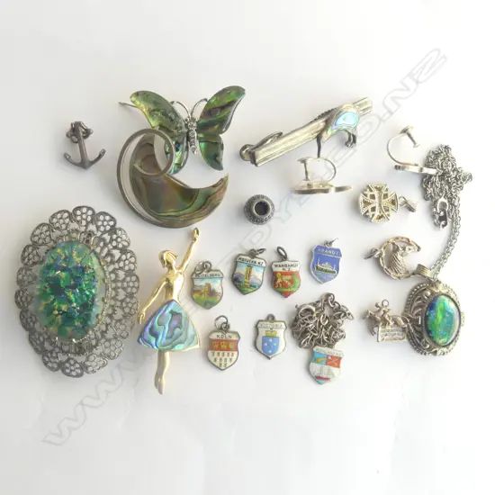 BOX OF SILVER CHARMS & PAUA JEWLERY