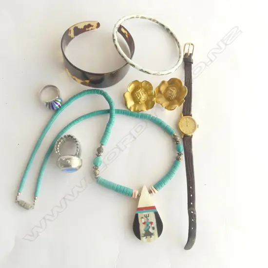 ASST. JEWELLERY INCLD; LADIES SIEKO WATCH, TORTOISESHELL BRACELET, KENZO EARRINGS & NATIVE AMERICAN SILVER RING/NECKLACE