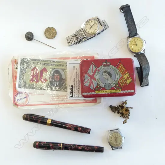 BAG OF OLD ITEMS: 2 WATCHES. TIN. 2 FOUNTAIN PENS. 2 NOTES ETC