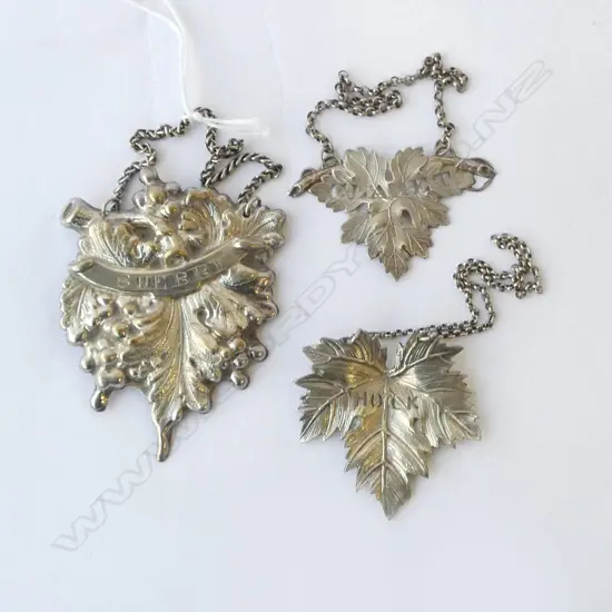 3 ANTIQUE DECANTER LABELS SILVER PLATED – CLARET, HOCK & SHERRY, L.45MM-80MM