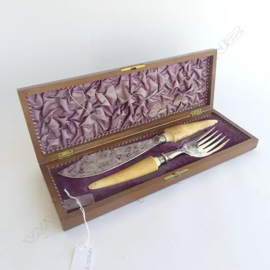 IVORY HANDLED AND BOXED SILVER PLATE FISH SERVERS