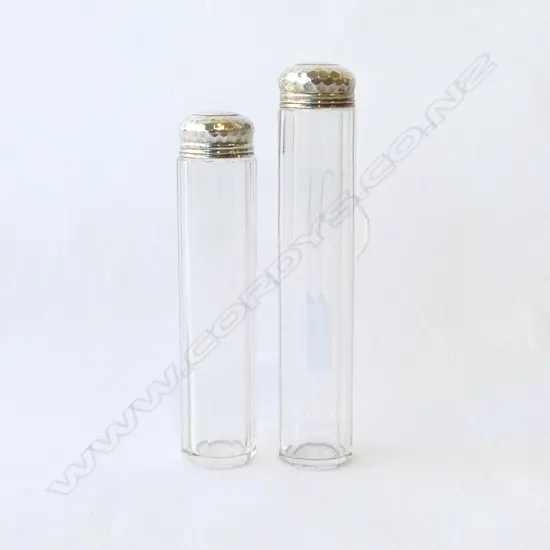 PAIR ANTIQUE STG SILVER & FACET CUT HAT PIN JARS BIRMINGHAM 1898, H.160MM-180MM