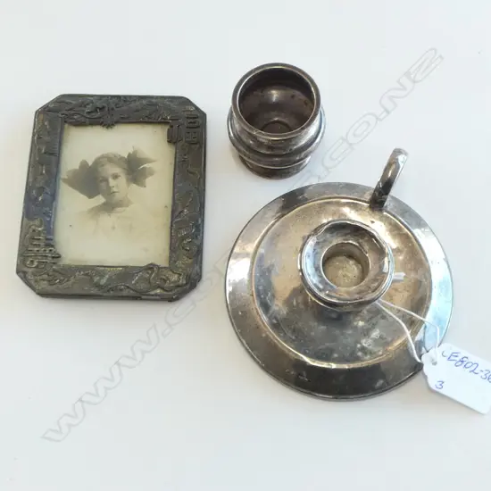 SILVER CHAMBER STICK + SILVER SMALL POT + S/PLATE CHINESE FRAME. ALL WITH FAULTS