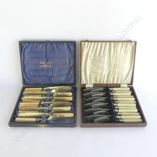 6 PLACE IVORINE 'BONE' CUTLERY SET (1 HANDLE FAULTED) w. STG SILVER COLLAR + OTHER CASED SET