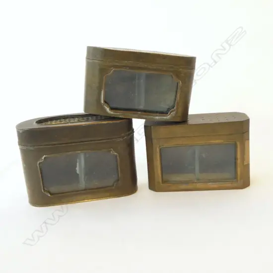 THREE VINTAGE BRASS CRICKET CONTAINERS 