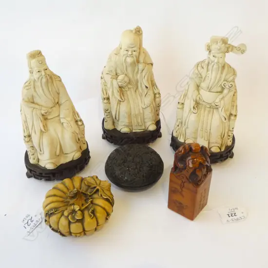 3 CHINESE RESIN FIGURES (FAULT) + 2 TRINKET BOXES & OTHER