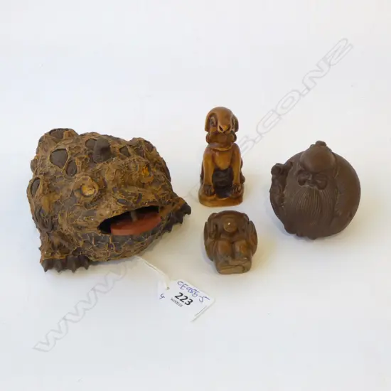 4 ASIAN ORNAMENTS; SAGE, DOG?, FROG & INCOMPLETE NETSUKE