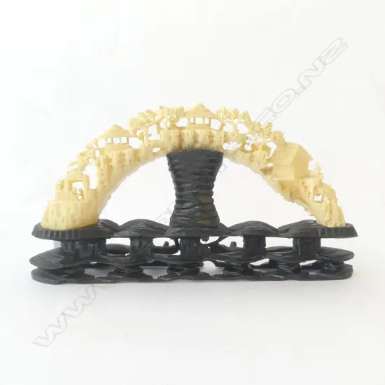 CHINESE CARVED IVORY TUSK ON STAND H.120 W.230mm