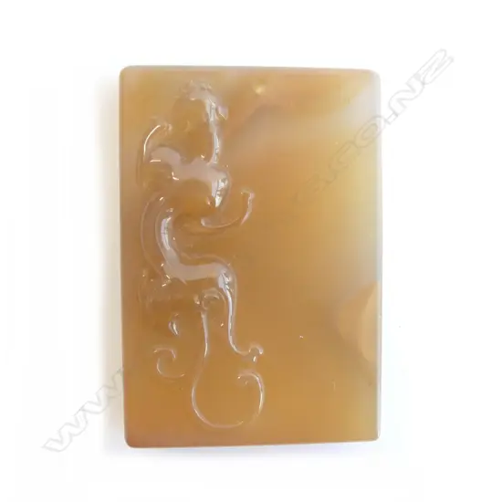 ORANGE/TAN AGATE CHINESE TABLET PENDANT with relief carved big cat L.64mm
