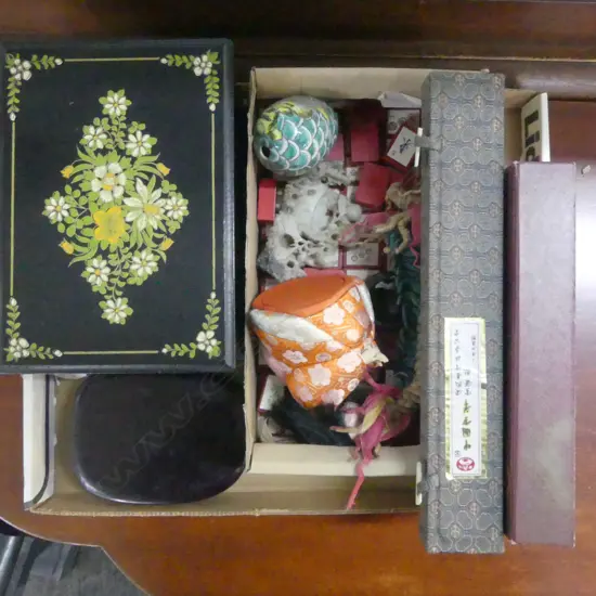 ASST. ORIENTAL ITEMS INCL; CALLIGRAPHY INK STONE & BRUSHES & JEWELLERY BOX