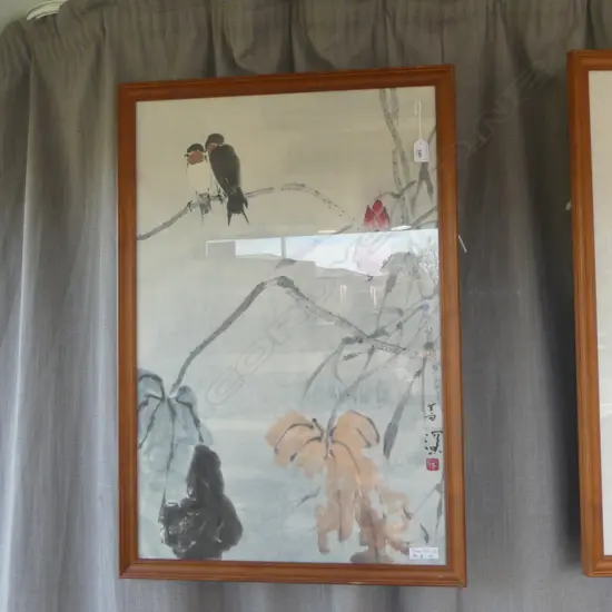 YANG SHAN SUM CHINESE W/C & INK PR swallows & Florals w calligraphy 750 x 490mm