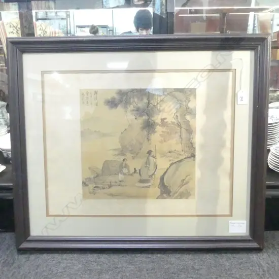 FENG CHAORAN (1882-1954) CHINESE W/C on silk RIVER LANDSCAPE with figures signed w calligraphy 280 x 290mm