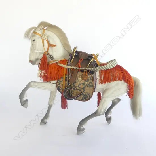 EARLY 20thC JAPANESE QUALITY MODEL SAMURAI'S HORSE. Papier-mâché w silk leather & lacquered fittings. ALL 4 LEGS FAULTED