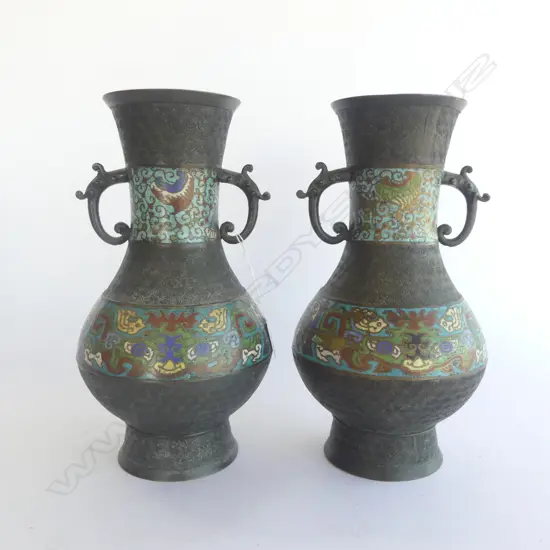 PR ANTIQUE ORIENTAL CHAMPLEVE ENAMEL DOUBLE HANDLED BALUSTER VASES, 300mm