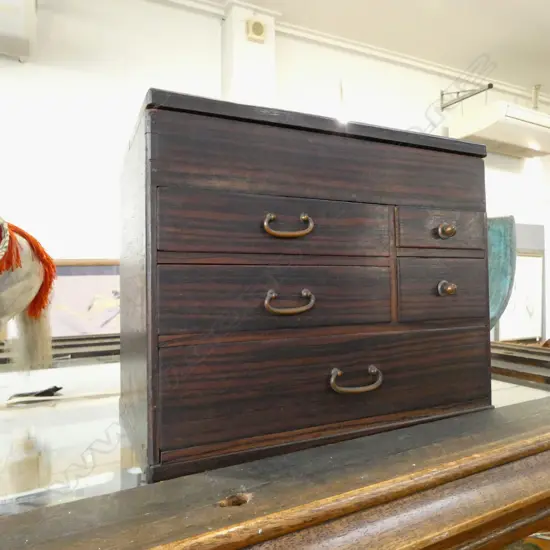 vintage Japanese collector's scholars box hinged lid above 5 drawers copper handles W.320mm.