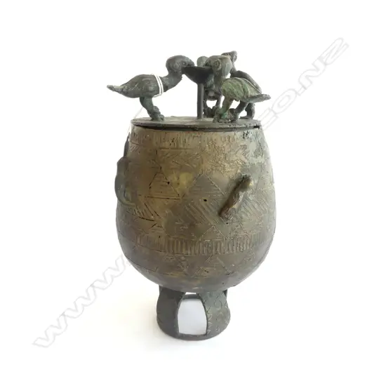 ANTIQUE AFRICAN BRONZE VESSEL H.230mm three birds and man drinking from chalice in high relief