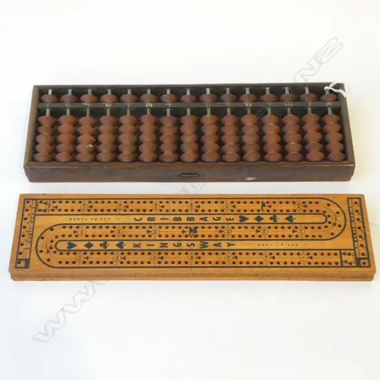 JAPANESE VINTAGE; 19thC JAPANESE ABACUS & MID CENTURY CRIBBAGE BOARD,