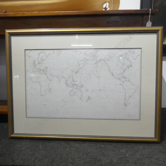 FRAMED MAP OF THE WORLD FOLLOWING THE EXPLORATION OF CAPT. JAMES COOK 360x600mm